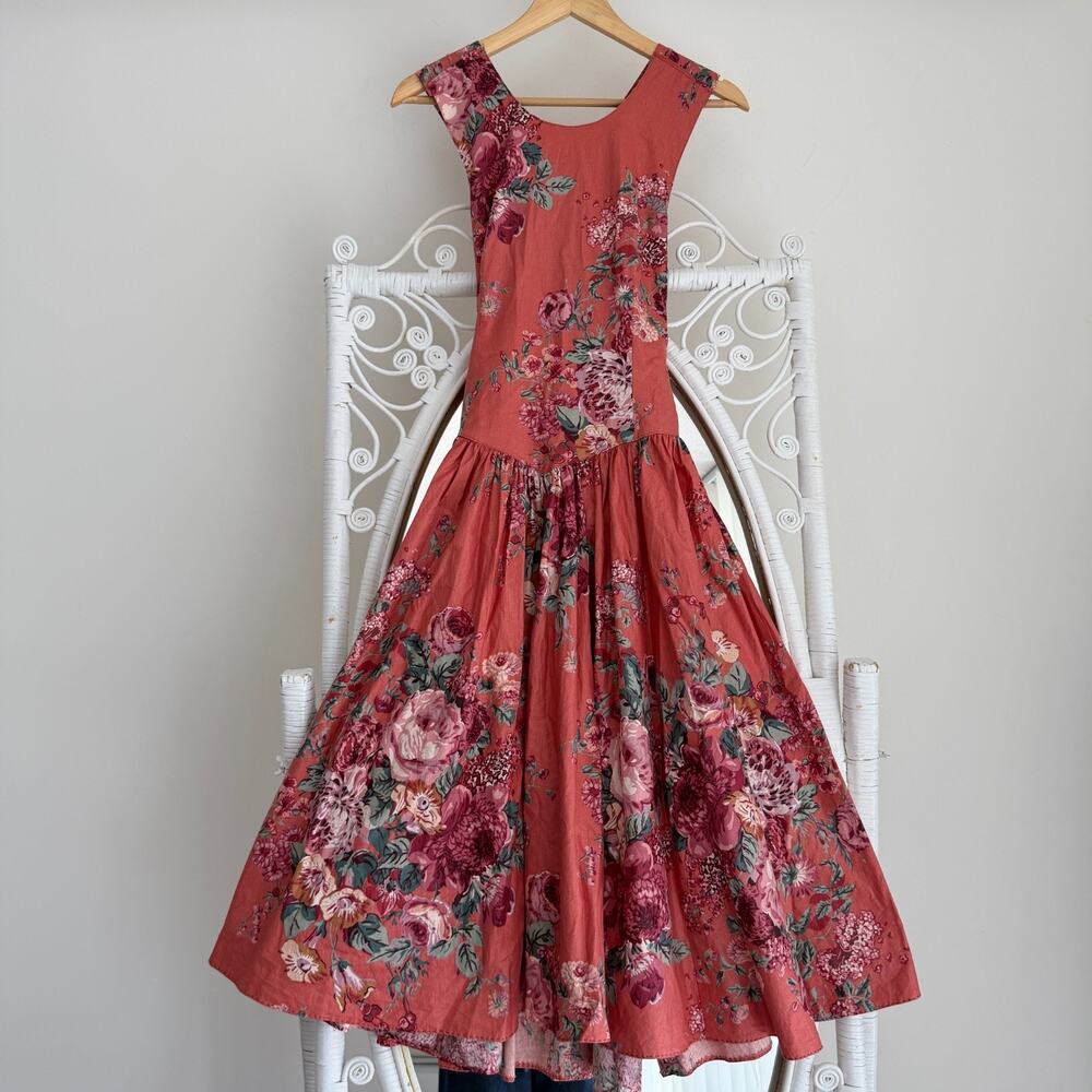 Vintage 90s Floral Dress Small Fit Flare Basque Waist Romantic Garden 50s Style - Picture 5 of 15